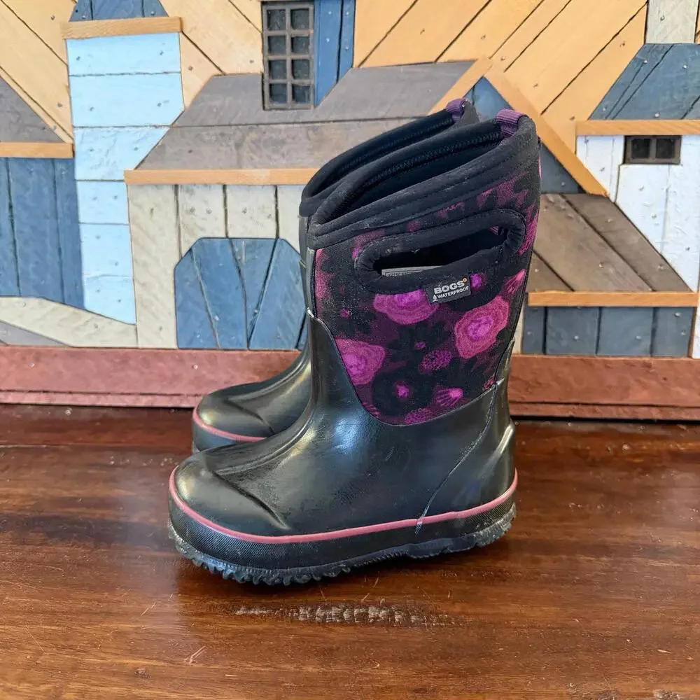 Bogs Kids Black Rain & Snow Boots with Purple Floral Accents